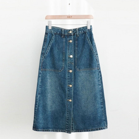 셀린느 여성 트리오페 금장 버튼 데님 롱 스커트
