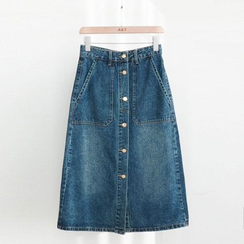 셀린느 여성 트리오페 금장 버튼 데님 롱 스커트