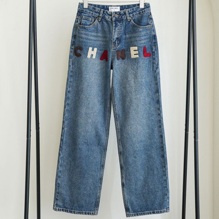 샤넬 수입 레터링 패치워크 와이드 데님 팬츠