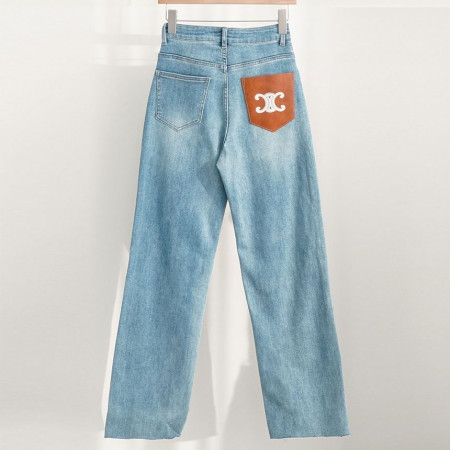 셀린느 여성 브라운 자수 레더 포켓 와이드 데님 팬츠